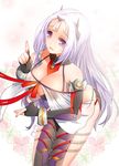  babydoll bracelet breasts closers elbow_gloves fingerless_gloves floral_background gloves horns jewelry large_breasts leaning_forward levia_(closers) long_hair ofuda open_mouth pointy_ears pping purple_eyes red_ribbon ribbon shiny shiny_clothes silver_hair simple_background solo 