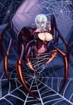  arachne arachne_(monster_girl_encyclopedia) blush breast_slip breasts bug cleavage hair_ornament hairclip highres huge_breasts insect_girl kenkou_cross long_hair looking_at_viewer midriff monster_girl monster_girl_encyclopedia nipples no_bra non-web_source official_art one_breast_out one_eye_covered pointy_ears red_eyes redesign short_hair silk silver_hair smile solo spider spider_girl spider_web 