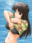  bangs bikini black_bikini black_eyes black_hair blunt_bangs breasts camouflage cleavage girls_und_panzer long_hair looking_at_viewer matsui_yasutsugu mature medium_breasts navel nishizumi_shiho ocean solo swimsuit undressing water 