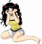  1girl artist_request black_hair blush breasts bulge cleavage collar futanari looking_at_viewer one_eye_closed penis red_eyes shirt shorts simple_background sitting solo yellow_shirt 