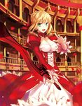 :d aestus_domus_aurea aestus_estus ahoge blonde_hair breasts cleavage dress fate/extra fate_(series) fuyuki_(neigedhiver) green_eyes highres holding holding_sword holding_weapon large_breasts looking_at_viewer nero_claudius_(fate) nero_claudius_(fate)_(all) open_mouth petals smile solo sword underbust weapon 