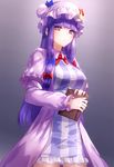  bad_id bad_twitter_id bangs blue_bow blue_ribbon blunt_bangs book bow crescent crescent_hair_ornament dress frilled_dress frilled_sleeves frills hair_ornament hair_ribbon hat hat_ribbon kfr long_hair looking_at_viewer patchouli_knowledge purple_eyes purple_hair red_bow red_ribbon ribbon short_dress solo striped touhou vertical_stripes 