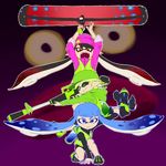  aiming alternate_costume alternate_hair_color aori_(splatoon) arm_support baseball_cap beanie bike_shorts blue_eyes blue_hair brown_eyes commentary con_(my0312) domino_mask fangs green_hair hat hero_charger_(splatoon) hero_roller_(splatoon) hero_shot_(splatoon) holding hood hoodie hotaru_(splatoon) ink_tank_(splatoon) inkling jacket jumping long_hair long_sleeves looking_at_viewer mask mole mole_under_eye multiple_girls octarian one_eye_closed open_mouth paint_roller pointy_ears shoes sleeves_rolled_up smile sneakers splatoon_(series) splatoon_1 squatting squidbeak_splatoon star super_soaker tentacle_hair vest 