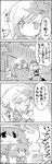  4girls 4koma =d aki_minoriko aki_shizuha apron bow chestnut cirno closed_eyes comic commentary daiyousei door dress flail food fruit grapes greyscale hair_bow hair_ornament hat highres ice ice_wings jitome juliet_sleeves leaf_hair_ornament letty_whiterock long_hair long_sleeves minigirl mob_cap monochrome morning_star multiple_girls open_mouth puffy_sleeves scarf short_hair siblings side_ponytail sigh sisters smile star surprised sweatdrop tani_takeshi touhou translated visible_air wall weapon wide_sleeves wings yukkuri_shiteitte_ne |_| 