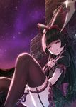  against_wall black_hair blush bow brick_wall dress garter_straps gate_-_jieitai_ka_no_chi_nite_kaku_tatakaeri glint gothic_lolita grin hair_bow halberd hime_cut holding holding_weapon lolita_fashion long_hair long_legs looking_at_viewer matanonki night night_sky outdoors parted_lips polearm puffy_sleeves red_eyes rory_mercury short_sleeves sitting skirt sky smile solo sparkle star_(sky) starry_sky thighhighs weapon 