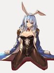  animal_ears black_legwear blue_eyes blue_hair blush breasts bunny_ears bunny_girl bunnysuit cleavage commentary_request detached_collar fake_animal_ears full_body granblue_fantasy grey_background highres jacket_on_shoulders large_breasts long_hair looking_at_viewer pantyhose senmu simple_background sitting solo therese_(granblue_fantasy) wariza 