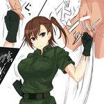  1girl bdsm black_gloves breasts brown_eyes brown_hair camouflage clothed_female_nude_male cum ejaculation gate_-_jieitai_ka_no_chi_nite_kaku_tatakaeri gloves hetero highres kuribayashi_shino large_breasts military military_uniform nude penis piro_(iiiiiiiiii) punching short_hair side_ponytail speed_lines testicles uniform 