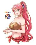  :d armlet breasts choker cleavage collarbone eyebrows_visible_through_hair green_eyes hair_between_eyes hair_ornament high_ponytail large_breasts long_hair looking_at_viewer midriff navel nunun open_mouth ponytail pyrrha_nikos red_hair rwby scrunchie simple_background smile solo stomach strapless twitter_username very_long_hair white_background 