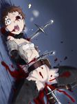  1girl arms_behind_back blood brown_hair dagger guro helpless lying momo_tai mosaic_censoring navel ninya one-eyed open_mouth overlord_(maruyama) short_hair small_breasts solo stabbed sword teeth torn_clothes torture weapon 
