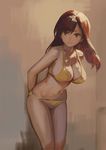  against_wall arms_behind_back aro_(charged_time_out) bangs bikini breasts brown_eyes brown_hair cleavage large_breasts leaning_forward long_hair navel original solo strap_gap string_bikini swept_bangs swimsuit yellow_bikini 