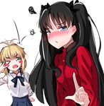  ahoge angry_num artoria_pendragon_(all) bad_id bad_pixiv_id black_hair blonde_hair blouse blue_eyes blush blush_stickers embarrassed fate/stay_night fate_(series) green_eyes hair_ribbon hand_on_hip highres long_hair looking_at_viewer multiple_girls open_mouth pout ribbon saber star sweater toosaka_rin two_side_up v_over_eye 