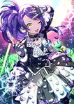  blush broken_glass collar fingerless_gloves glass gloves happy heart index_finger_raised long_hair looking_at_viewer microphone ogino_atsuki one_eye_closed open_mouth pretty_(series) pripara purple_hair side_ponytail skirt solo toudou_shion yellow_eyes 