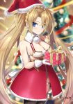  1girl bangs bare_shoulders blonde_hair blue_eyes blurry blurry_background blush box bradamante_(fate/grand_order) braid breasts brown_legwear christmas christmas_ornaments christmas_tree cleavage closed_mouth commentary_request crown_braid depth_of_field detached_collar eyebrows_visible_through_hair fate/grand_order fate_(series) fur-trimmed_hat fur-trimmed_skirt gift gift_box gloves hair_between_eyes hat holding holding_gift looking_at_viewer medium_breasts panties red_hat red_skirt santa_hat skirt smile solo thighhighs twintails twitter_username tyone underwear white_collar white_gloves white_panties 