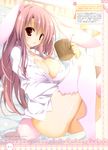  :o absurdres animal_ears breasts bunny_ears bunny_tail cleavage cup furry highres holding holding_cup indoors inugami_kira lamp large_breasts long_hair no_bra no_panties open_clothes open_shirt parted_lips pink_eyes pink_hair pink_legwear shirt sitting tail thighhighs thighs window z/x 