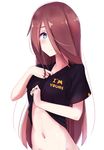  angry_num bad_id bad_pixiv_id blue_eyes brown_hair clothes_writing english hair_over_one_eye highres long_hair maria_(angry_num) navel original shirt_lift simple_background solo stomach upper_body white_background 