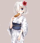  blue_eyes blush cowboy_shot flower food food_in_mouth hair_flower hair_ornament hair_over_one_eye hairclip hamakaze_(kantai_collection) highres ikayaki japanese_clothes kantai_collection kimono migiue obi sash short_hair silver_hair simple_background solo squid 