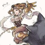  :o absurdres animal_hat ball breasts brown_eyes brown_hair brown_legwear character_name covered_nipples daetta_(granblue_fantasy) draph flail fur_trim gloves granblue_fantasy hat highres holding holding_weapon horns kino_(a_kino) large_breasts open_mouth pantyhose short_hair simple_background solo spikes v-shaped_eyebrows weapon white_background yellow_gloves 