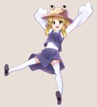  blonde_hair blush hair_ornament hair_ribbon hat moriya_suwako okina_ika open_mouth ribbon short_hair sleeves_past_wrists smile solo thighhighs touhou white_legwear yellow_eyes 