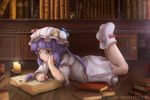  artist_name book book_stack bookshelf boots bow candle capelet crescent deviantart_sample deviantart_username dress full_body hair_bow hair_ornament hat highres image_sample legs_up long_hair long_sleeves lying mob_cap novcel on_stomach open_book patchouli_knowledge purple_eyes purple_hair reading solo touhou watermark web_address wide_sleeves 