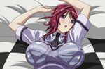  1girl blush bra breasts female large_breasts looking_at_viewer lying on_back open_mouth oribe_mafuyu purple_eyes red_hair school_uniform screencap see-through seikon_no_qwaser solo stitched underwear upper_body wet 