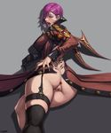 1girl after_anal aftersex ahegao anus ass bottomless from_behind gaping gaping_anus garter_straps hair_over_one_eye kritika looking_at_viewer looking_back purple_hair pussy single_thighhigh spread_anus tattoo tramp_stamp uncensored xxoom 