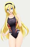  :d blonde_hair blue_eyes clenched_hands competition_swimsuit covered_navel fuuma_nagi hair_between_eyes hairband headphones lily_(vocaloid) long_hair one-piece_swimsuit open_mouth smile speedo_(company) swimsuit vocaloid 