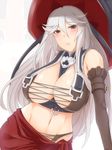  bare_shoulders breasts brown_eyes elbow_gloves gachou gloves granblue_fantasy hat huge_breasts long_hair looking_at_viewer magisa_(granblue_fantasy) midriff navel silver_hair simple_background smile solo white_background witch_hat 