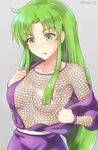  blush breasts chainmail cleavage collarbone dress ganbare_goemon green_eyes green_hair hair_censor kanden_suki large_breasts long_hair open_clothes open_dress purple_dress see-through solo very_long_hair yae_(ganbare_goemon) 