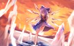  amamitsu_kousuke arm_behind_back barefoot blue_dress blue_eyes blue_hair cirno dress dutch_angle full_body hair_ornament hair_ribbon ice ice_wings leg_up looking_down puffy_sleeves ribbon short_hair short_sleeves sky smile solo standing standing_on_one_leg touhou upskirt wallpaper water wings 