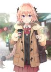  1boy absurdres astolfo_(fate) bag black_bow black_jacket blush bow braid brown_coat coat coffee coffee_cup commentary_request cup disposable_cup fang fate/apocrypha fate_(series) fur_coat fur_trim hair_intakes highres hippogriff jacket kusumoto_touka long_braid looking_at_viewer male_focus messenger_bag multicolored_hair open_mouth otoko_no_ko pink_hair purple_eyes red_bow red_skirt shirt shoulder_bag single_braid skirt solo streaked_hair white_shirt 