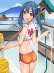  :d ass basin bath bath_stool bathhouse blue_hair blush breasts broom bucket cleaning cleaning_brush from_behind grey_eyes gym_shorts hisho_collection hose looking_at_viewer looking_back midriff open_mouth shirt short_shorts shorts sleeves_rolled_up small_breasts smile soap_bubbles solo stool tied_shirt twintails water yokaze_japan 