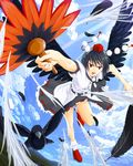  :d bad_id bad_pixiv_id bird black_hair black_wings cloud cloudy_sky crow day fan feathers flying hat hauchiwa highres looking_at_viewer open_mouth red_eyes shameimaru_aya short_hair skirt sky smile solo tokin_hat touhou tsurime v-shaped_eyebrows wind wings yonaga_(masa07240) 