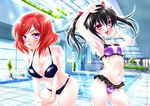  bikini black_hair breasts cleavage highres indoors kurimuzon large_breasts love_live! love_live!_school_idol_project multiple_girls nishikino_maki o-ring o-ring_bottom o-ring_top pool purple_eyes red_eyes red_hair short_hair small_breasts swimsuit twintails yazawa_nico 