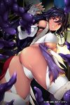  ass bandages bare_shoulders black_hair breasts dark_skin from_behind imminent_rape kagato_(artist) large_breasts official_art original parted_lips red_eyes shokushu_kingdom solo tentacles thighhighs thong underboob 
