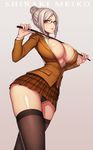  breasts character_name cleavage evan_yang glasses highres huge_breasts open_clothes open_shirt panties parted_lips prison_school riding_crop shiny shiny_skin shiraki_meiko shirt silver_hair skirt solo thighhighs thighs underwear yellow_eyes 