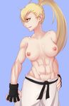  abs absurdres blonde_hair breasts character_request d-fands dougi green_eyes hand_on_hip high_ponytail highres long_hair looking_away muscle nipples nose parted_lips sideways_mouth solo topless 
