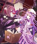  absurdres bad_id bad_pixiv_id baocaizi black_legwear book bow capelet crescent cup dress full_body hair_bow hair_ornament hat highres legs_up long_hair long_sleeves looking_at_viewer magic_circle mob_cap open_book patchouli_knowledge pink_eyes purple_hair solo star striped striped_dress sugar_cube teacup thighhighs touhou very_long_hair vest 
