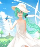  animal animal_on_hand aqua_eyes aqua_hair blue_sky bug butterfly castle cloud condensation_trail day dress flower grass hair_ribbon hat hatsune_miku insect long_hair mizu_(dl7613) outdoors ribbon sky solo sun_hat tree twintails very_long_hair vocaloid white_dress windmill 