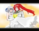  bouquet carrying dress flower hong_meiling izayoi_sakuya jewelry married matsuri_kyuuta multiple_girls necklace princess_carry red_hair silver_hair touhou wedding wedding_dress wife_and_wife yuri 