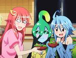  3girls animated animated_gif blue_hair eating food harpy lamia long_hair miia_(monster_musume) monster_girl monster_musume_no_iru_nichijou multiple_girls papi_(monster_musume) red_hair salad short_hair slime smile suu_(monster_musume) 