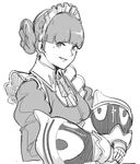  apron claudia_(granblue_fantasy) frills gauntlets granblue_fantasy greyscale grin hair_bun long_sleeves maid_headdress monochrome norakura_(nr_kura) puffy_long_sleeves puffy_sleeves ribbon short_hair simple_background smile solo upper_body white_background 