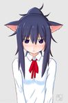  animal_ears blush cat_ears commentary_request grey_background highres himouto!_umaru-chan long_hair looking_at_viewer mizoochi motoba_kirie ponytail purple_eyes purple_hair shirt signature simple_background solo 