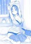  arms_up bed_sheet blue bra breasts cleavage commentary_request curtains getsuyoubi_no_tawawa himura_kiseki kneehighs lace lace-trimmed_bra lace-trimmed_panties large_breasts long_hair messy_hair monochrome neckerchief_removed no_shoes on_bed one_eye_closed panties pillow school_uniform serafuku sitting skirt smile socks solo stuffed_animal stuffed_penguin stuffed_toy tank_top underwear undressing wariza 