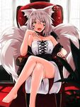  angry_num animal_ears armchair bad_id bad_pixiv_id barefoot chair choker cross-laced_clothes crossed_legs dress fang fox_ears fox_tail grey_hair helena_(angry_num) highres jewelry legs looking_to_the_side multiple_tails open_mouth original ring short_hair sitting solo strapless strapless_dress tail white_dress yellow_eyes 