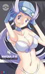  :d adapted_costume armlet arms_up badge bare_shoulders bikini blue_eyes blue_gloves breasts character_name choker cleavage collarbone cowboy_shot front-tie_bikini front-tie_top gloves grey_background hair_ribbon head_tilt jewelry long_hair looking_at_viewer medium_breasts midriff nagi_(pokemon) navel open_mouth pokemon pokemon_(game) pokemon_rse ponytail purple_hair purple_ribbon ribbon simple_background smile solo stomach strapless strapless_bikini swimsuit tareme teeth very_long_hair vivivoovoo white_bikini white_ribbon 