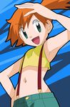  1girl arm_up armpits bangs blue_background blue_eyes breasts crop_top crop_top_overhang denim denim_shorts hainchu kasumi_(pokemon) looking_at_viewer midriff navel nintendo open_mouth orange_hair pokemon ponytail shirt short_hair shorts side_ponytail sleeveless sleeveless_shirt small_breasts smile solo striped_background suspenders tank_top upper_body wide_ponytail yellow_shirt 