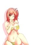  ;) bare_shoulders bikini blush breasts brown_eyes cleavage closed_mouth dead_or_alive dead_or_alive_5 eyepatch_bikini highres honoka_(doa) kenagehanage large_breasts long_hair one_eye_closed one_side_up pink_hair plump side-tie_bikini smile solo strapless strapless_bikini swimsuit underboob yellow_bikini 