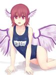  :d alternate_costume animal_ears bad_id bad_pixiv_id character_name collarbone commentary_request mystia_lorelei name_tag one-piece_swimsuit open_mouth red_eyes red_hair school_swimsuit short_hair smile solo swimsuit touhou white_background wings yonaga_(masa07240) 