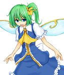  :d ascot bad_id bad_pixiv_id blue_eyes bow commentary_request daiyousei dress fairy_wings green_hair hair_bow hair_ribbon open_mouth ribbon short_hair short_sleeves side_ponytail smile solo touhou white_background wings yonaga_(masa07240) 