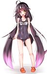  ahoge angry_num animal_ears black_hair blush character_name clothes_writing covered_navel dog_ears dog_tail fang full_body gradient_hair heterochromia highres long_hair looking_at_viewer low_twintails multicolored_hair one-piece_swimsuit original purple_hair rose_(angry_num) school_swimsuit solo standing swimsuit tail twintails very_long_hair 